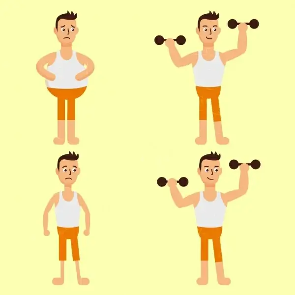 fitness man icons fat thin dumbbell cartoon design