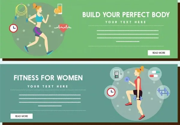 fitness promotion banner woman and health icons decoration
