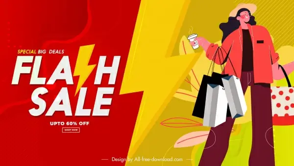 flash sale poster shopper sketch cartoon character