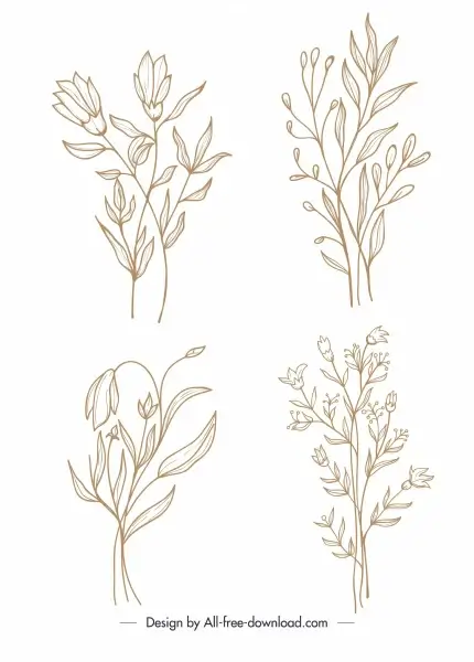 floral plants icons classical handdrawn sketch