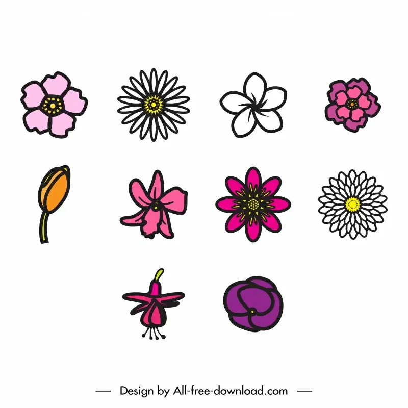 flower icon sets classical handdrawn outline 