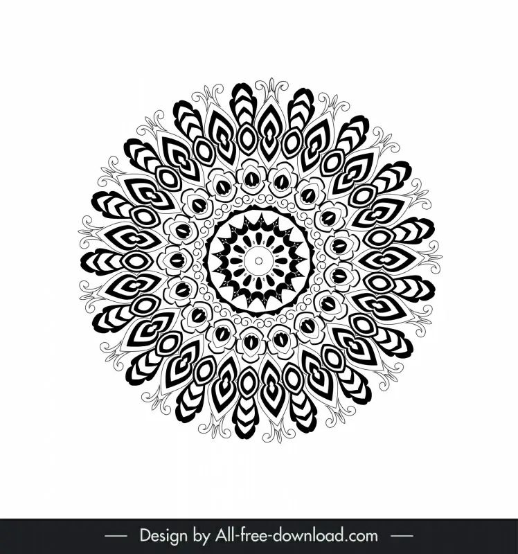  flower mandalas icon sign black white symmetric circle illusion shape outline