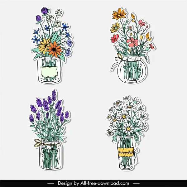 flower pots icons elegant classic handdrawn sketch