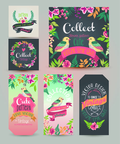 flower with birds vintage cards vector 