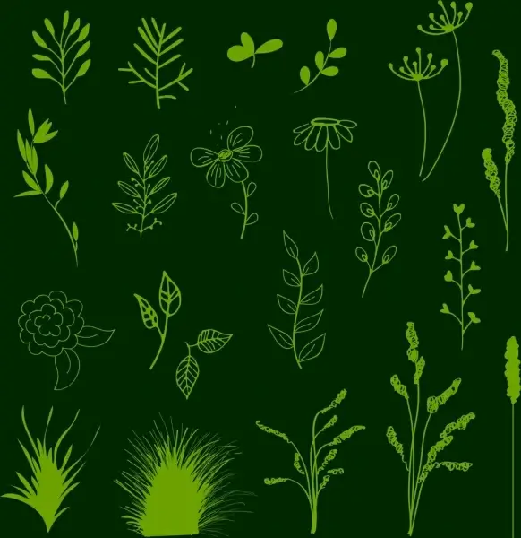 flowers background various flat types isolation green decoration