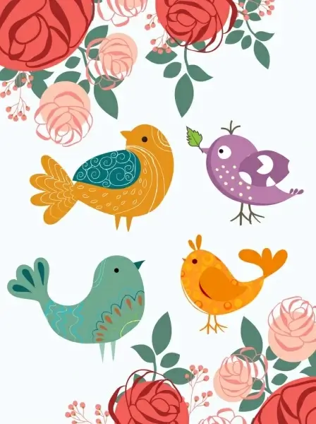 flowers birds background colorful cartoon design