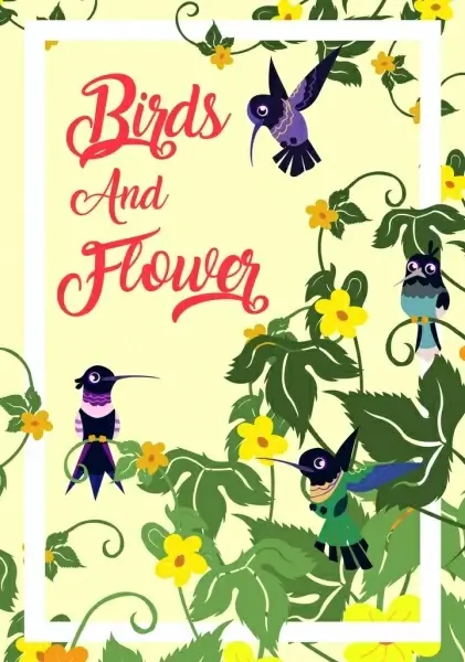 flowers birds background woodpecker icons cartoon design