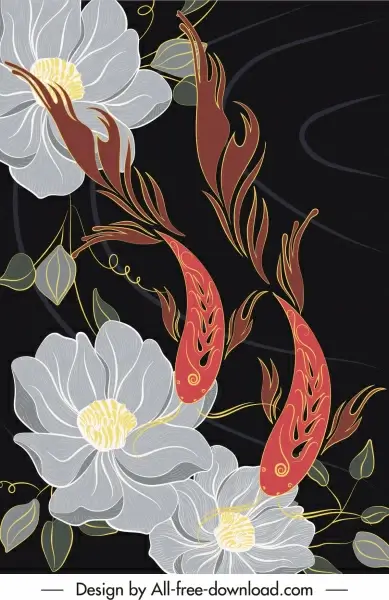 flowers carp painting colorful classic oriental design