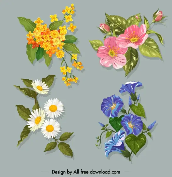 flowers icons colorful classic design blooming sketch