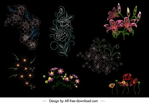 flowers icons dark colored handdrawn sketch
