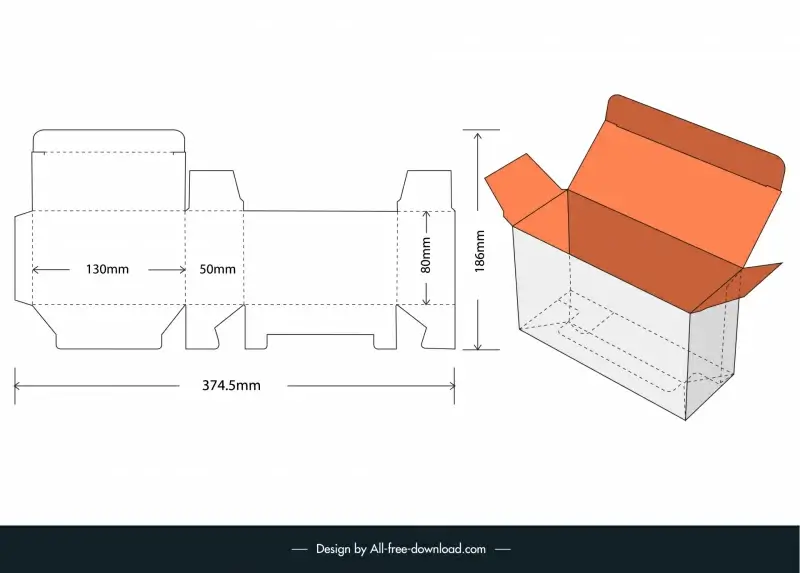 folding box 13x5x8 cm internal measurements template flat papercut 3d object sketch