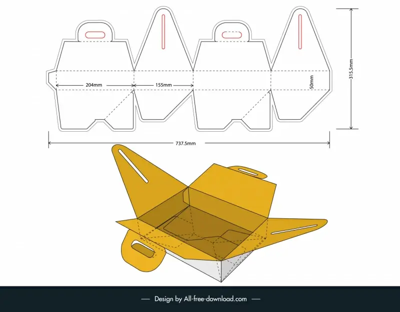 folding box with handle packaging template flat die cut sketch 3d object design 