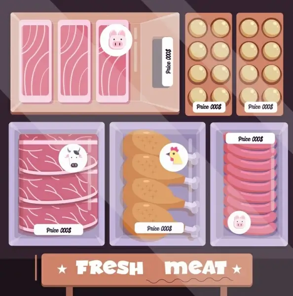 food background meat trays display icon colored flat