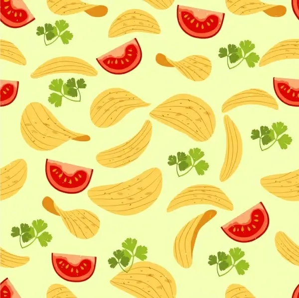 food background tomato chips icons multicolored repeating design