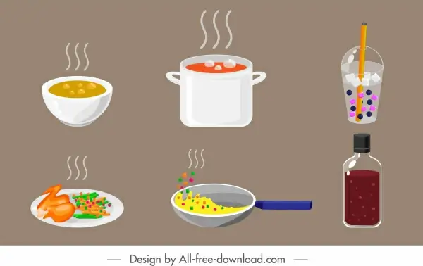 food drink icons colored calssical sketch
