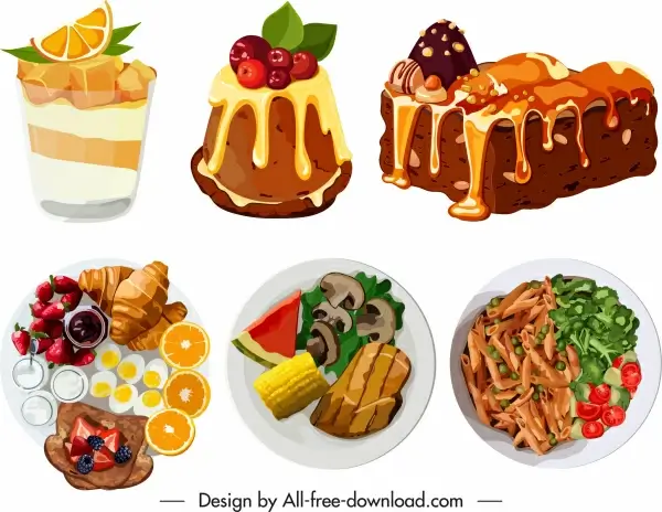food icons colorful classic flat 3d sketch