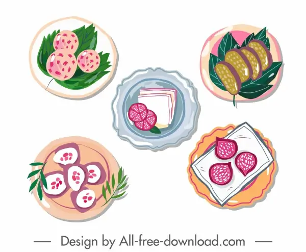 food icons colorful classical flat handdrawn design