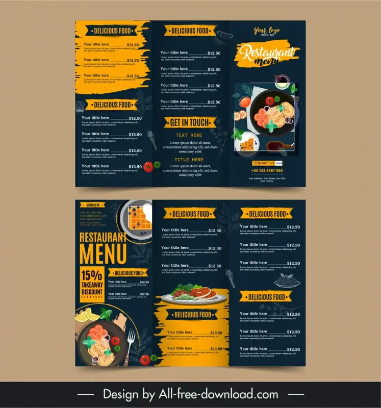 food menu tri fold brochure template elegant dark design 