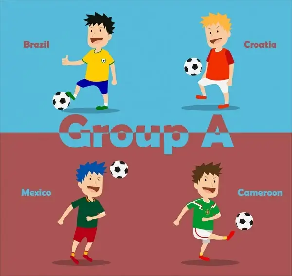 footbal tournament group with nations players illustration