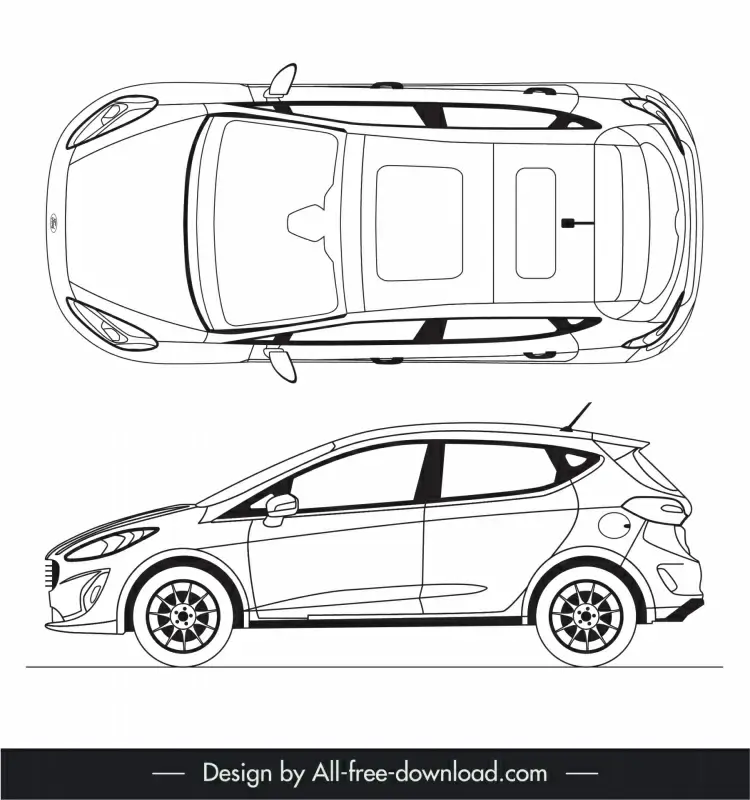 ford fiesta 2017 car model icons flat black white handdrawn side view top view outline 