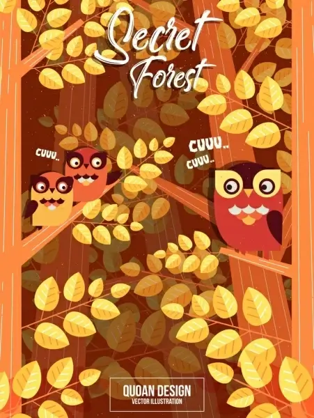 forest banner yellow leaves perching owls icons