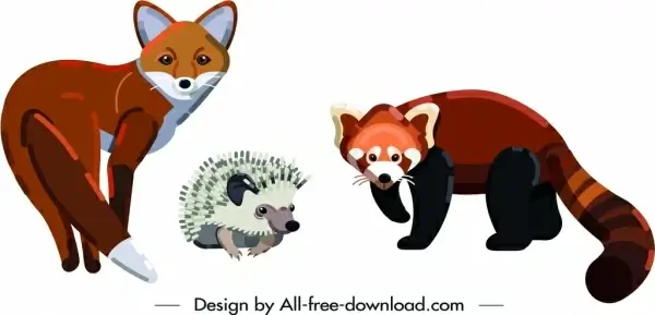 fox porcupine weasel animals icons colored cartoon sketch