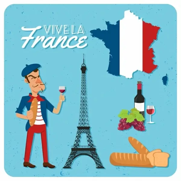 france advertising banner flag wine bread tower icons