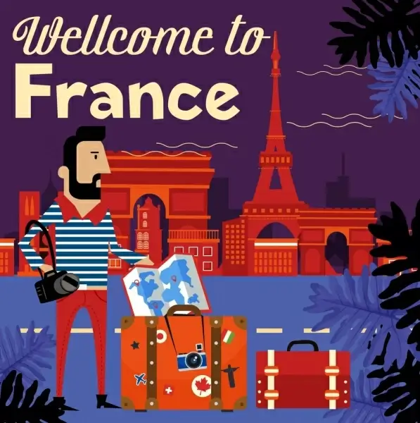 france advertising banner tourist luggage landmark icons