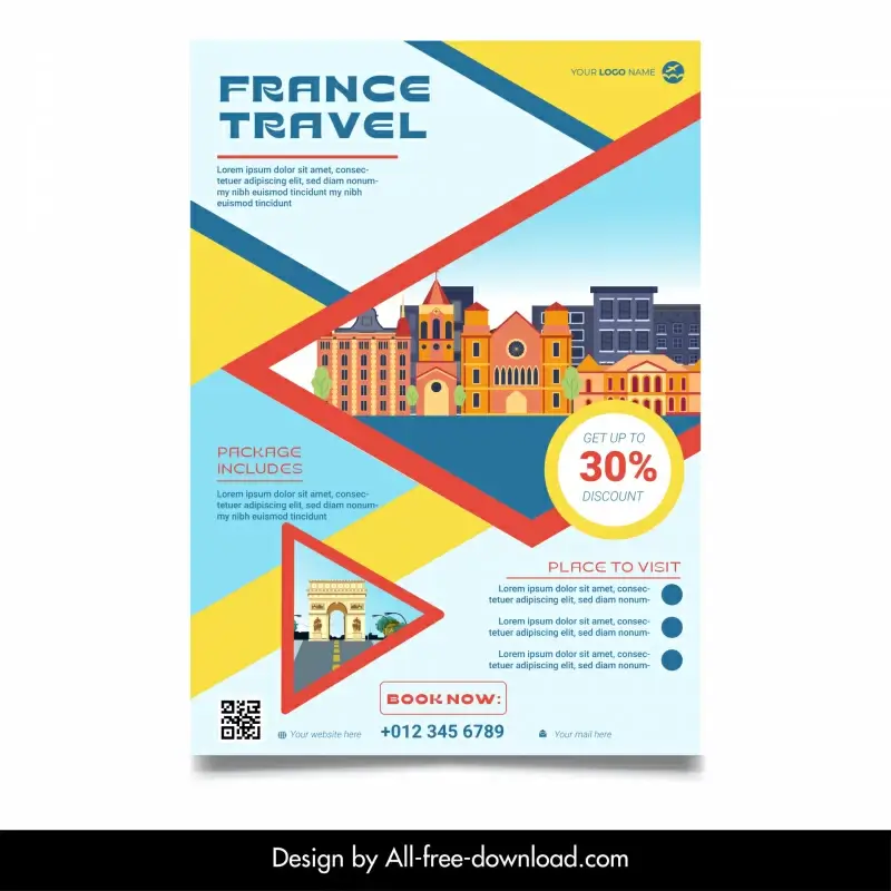 france travel flyer template geometric decor architectural landmark sketch