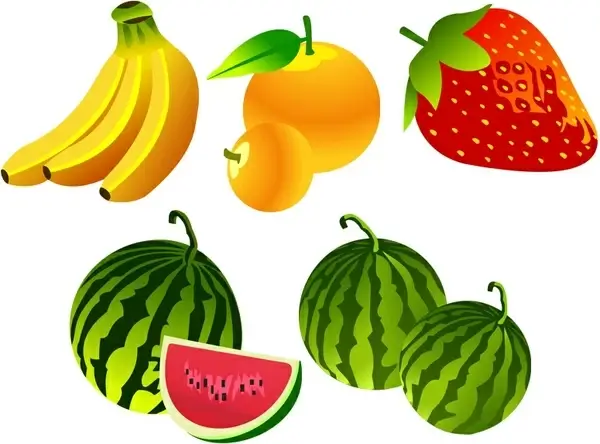banana strawberry watermelon orange icons 3d colorful design 