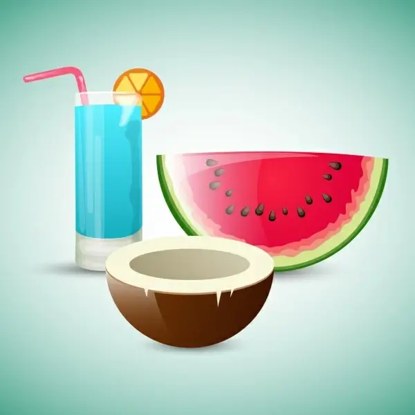 fresh fruits cocktail icons colored watermelon coconut decoration