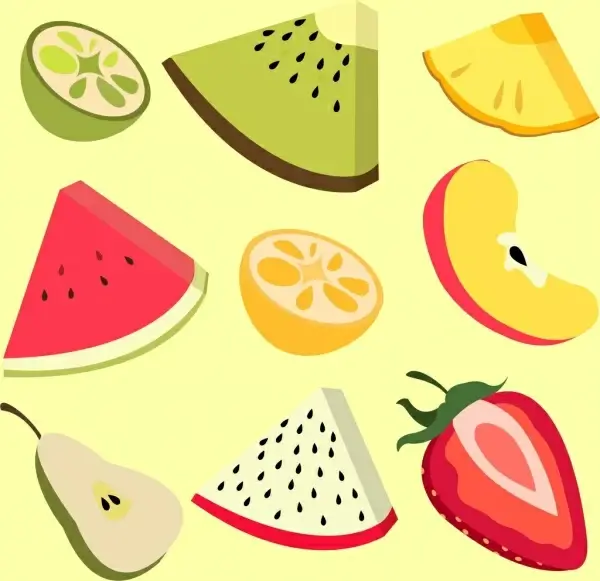 fresh fruits icons slices design 3d multicolored style