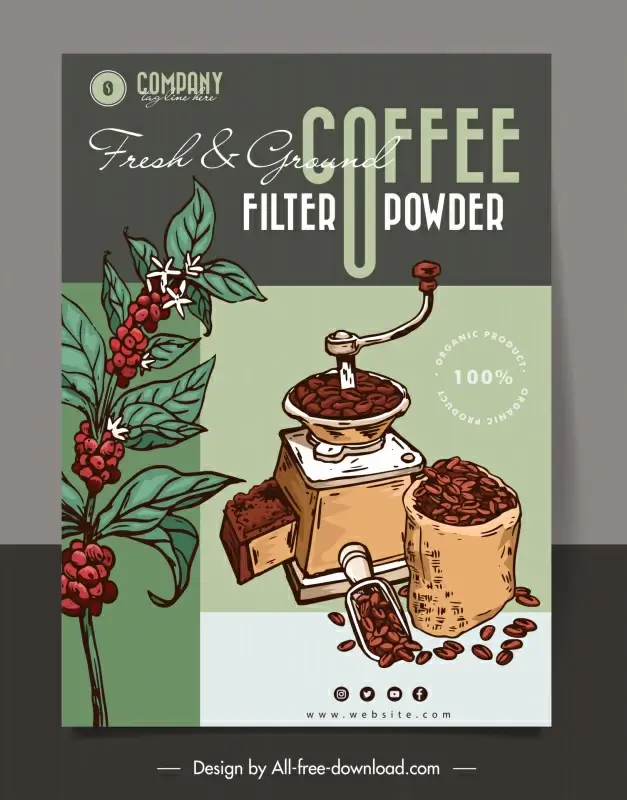 fresh ground filter coffee powder advertising poster classical handdrawn beans flowers tool sketch