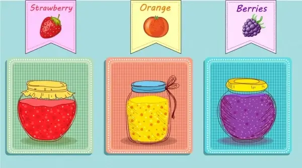 fruit jam icons jar icons colored handdrawn design