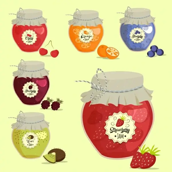 fruit jam pots icons isolation various multicolored design