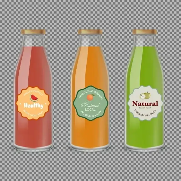 fruit juice advertisement glass bottle icons multicolored design