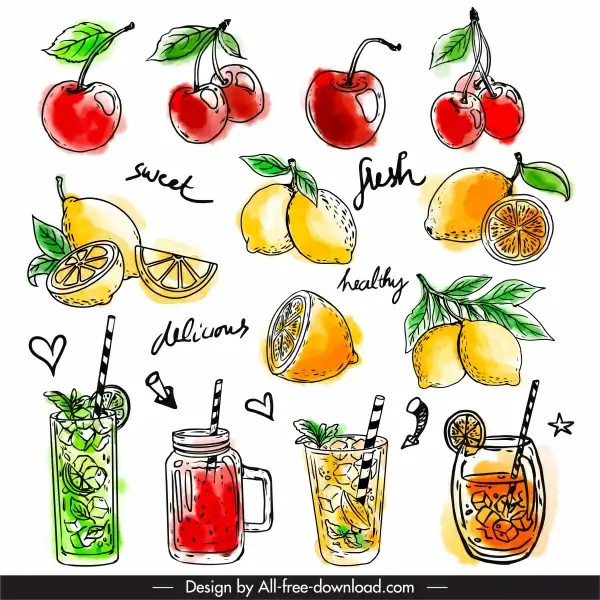 fruit juice design elements colored classic handdrawn sketch 