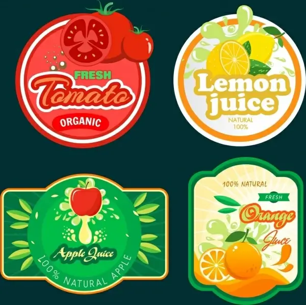 fruit juice labels tomato lemon orange apple icons
