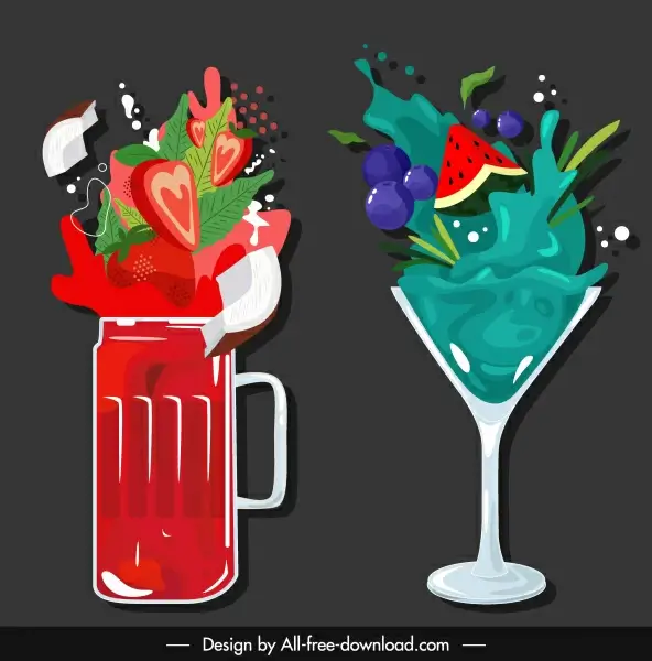 fruits cocktails icons colorful dynamic design 