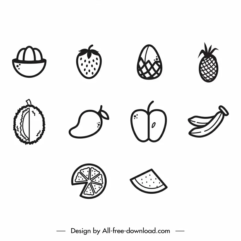 fruits icon sets flat black white handdrawn outline 
