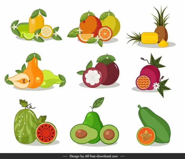 fruits icons bright colorful classic flat design