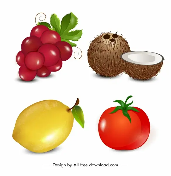 fruits icons colorful grape coconut lemon tomato sketch