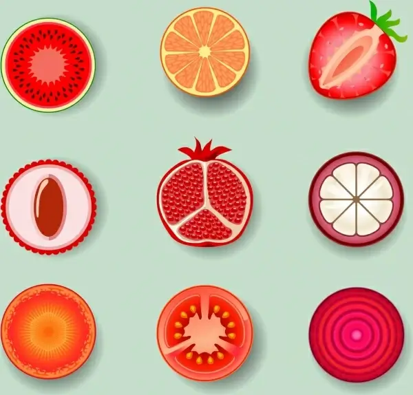 fruits slices icons red design various types