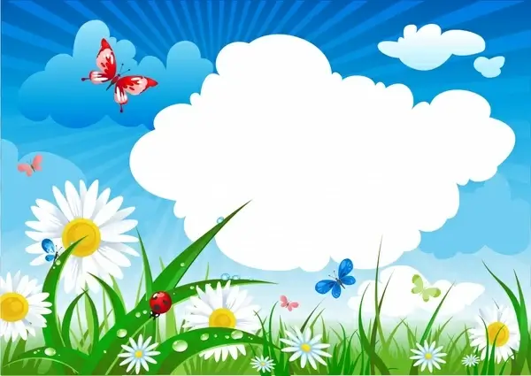 spring background butterflies flowers cloudy sky icons