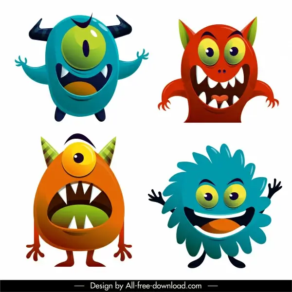 funny alien monster icons colorful cartoon characters sketch