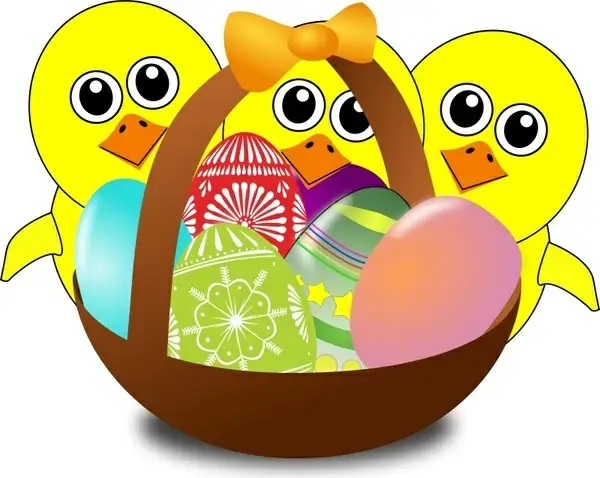 Funny Chicks Cartoon with Easter eggs in a basket