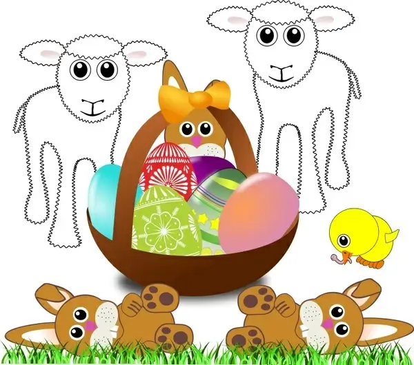 Funny lambs, bunnies and chick with Easter eggs in a basket