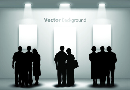 gallery background and people silhouettes vector set