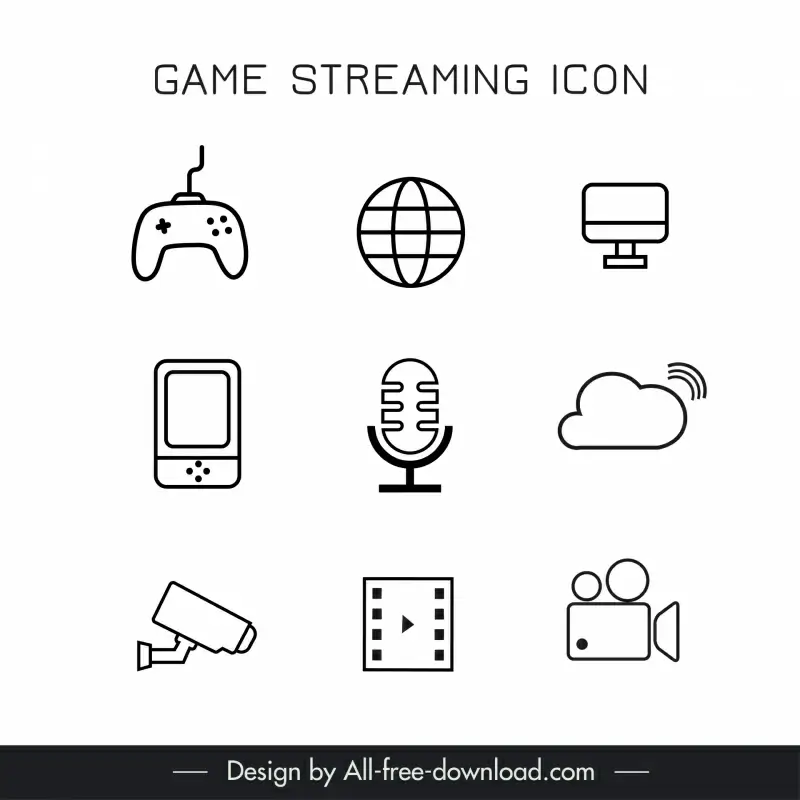 game streaming icons collection black white flat symbols