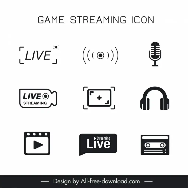 game streaming icons collection flat black white symbols